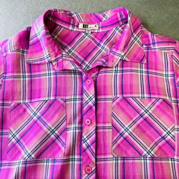 Kut from the Kloth Pink Flannel Long Sleeve Shirt Size XL Western Barbiecore - Picture 3 of 9